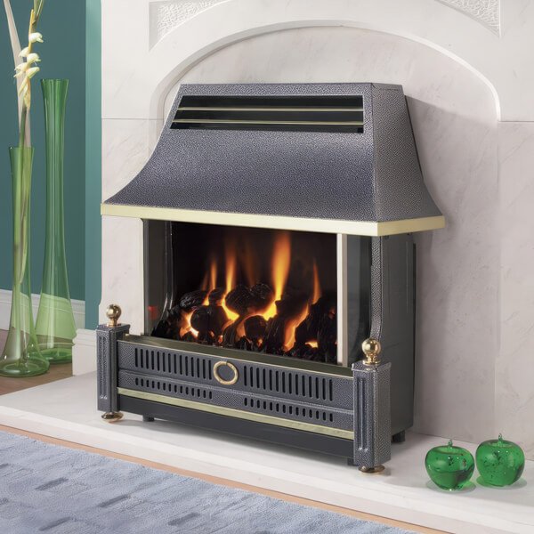 a fireplace with a fireplace and a vase with flowers